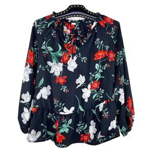 Old Navy Floral Ruffle Peplum Top Small Black Red White
